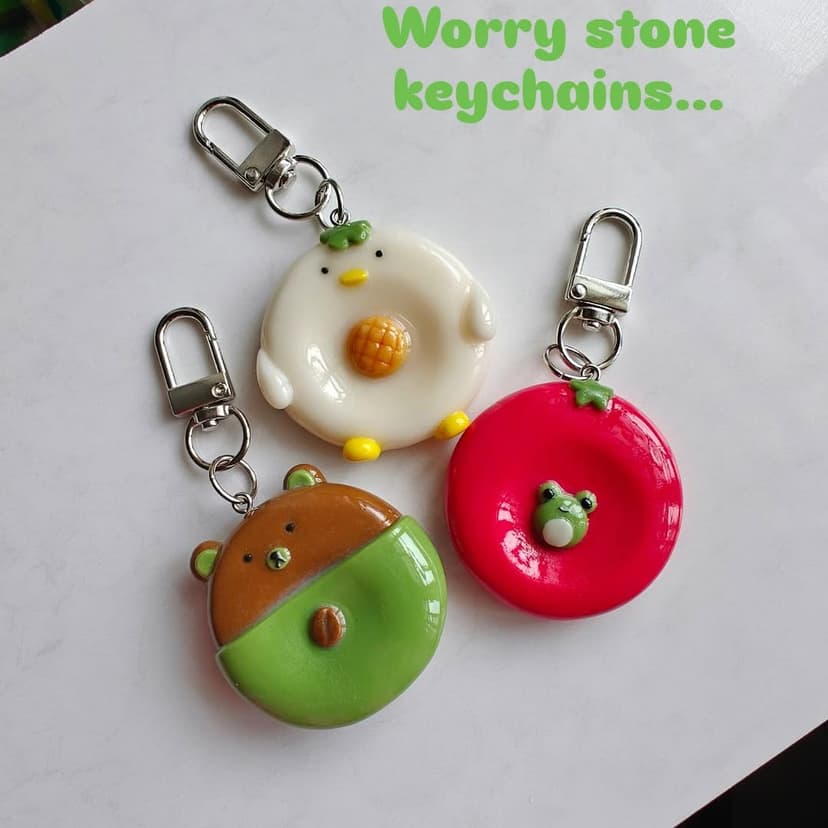 Cold Porcelain Frog & Tomato Worry Stone Keychain